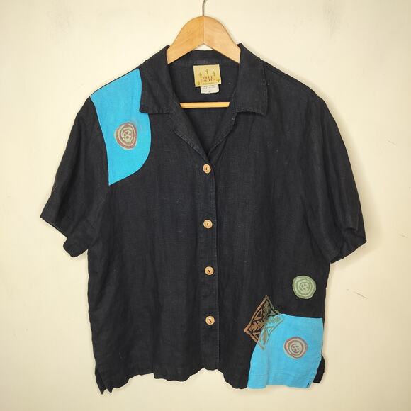 Blue Cactus Linen Button Up Shirt Hand-Painted Funky Art to Wear - Picture 2 of 12